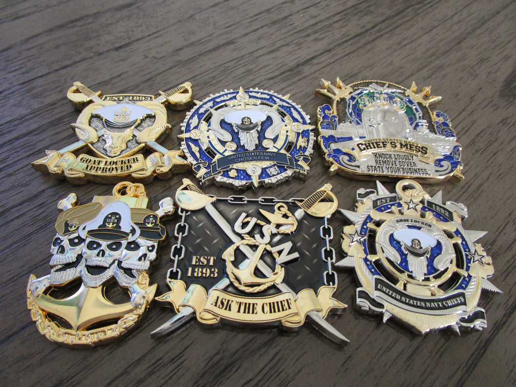 Set of 6 USN CPO Navy Chief Goat Locker The Chosen Few Chief Petty Officer Challenge Coins