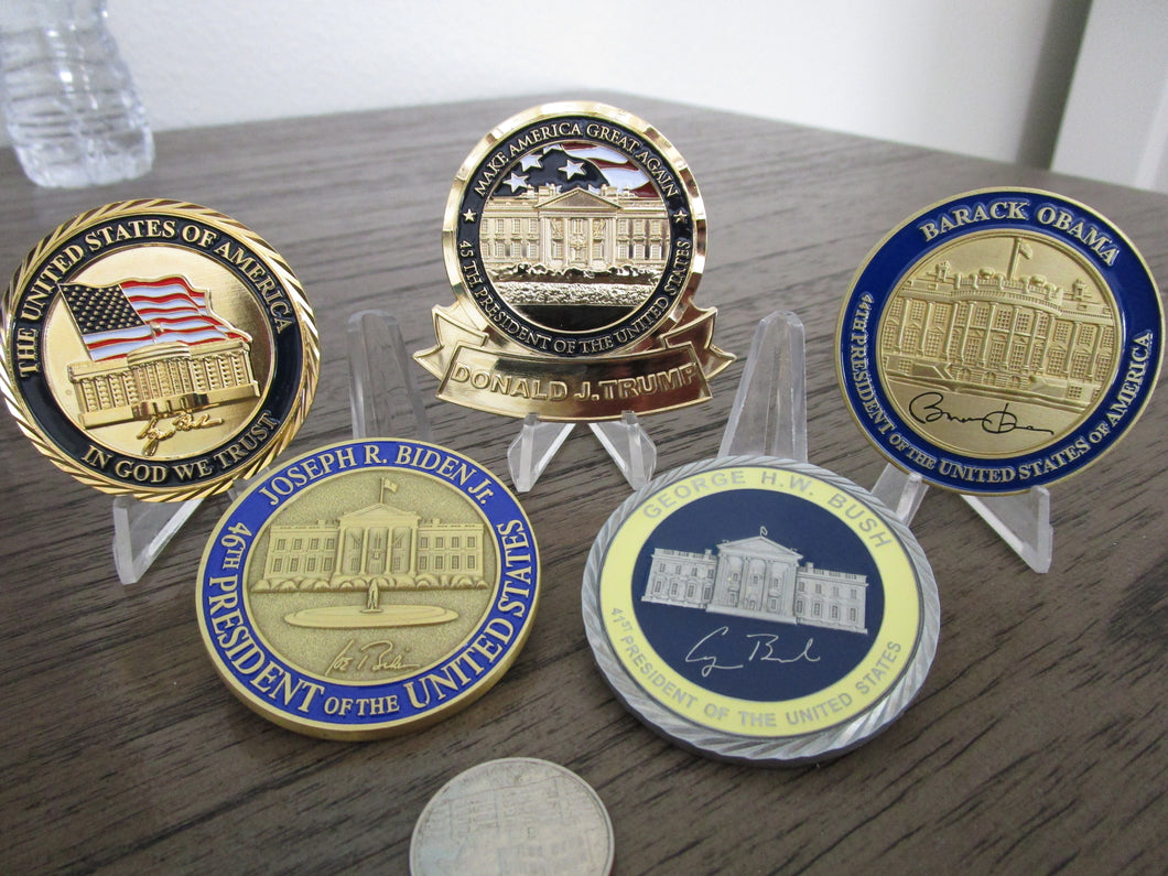 Lot of 5 POTUS Challenge Coins George W & George H W Bush Obama Trump and Biden