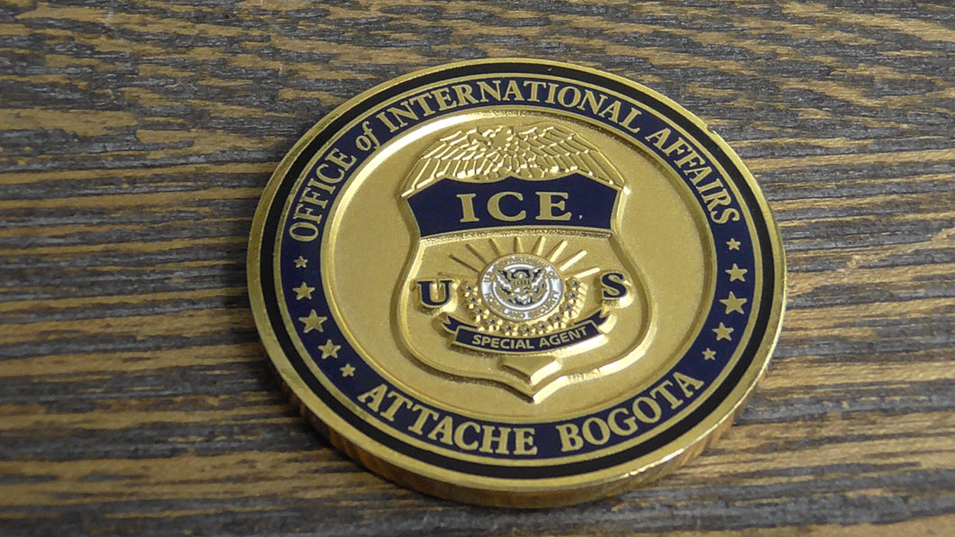 ICE Immigration & Customs Enforcement Office Of International Affairs Attache Bogota Colombia Human Smuggling & Trafficking Unit Challenge Coin #188W