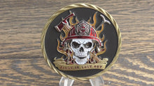 Load and play video in Gallery viewer, First In Last Out Fireman Skull First Responder Firefighter Challenge Coin
