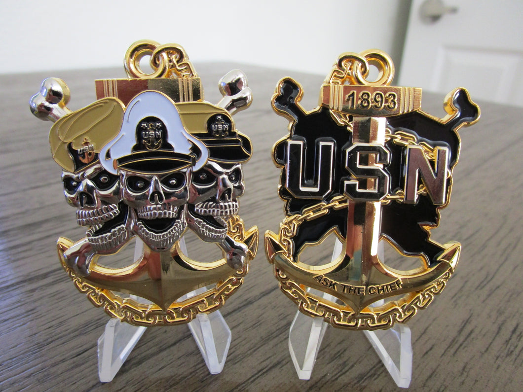 United States Navy CPO Ask The Chief Three Skulls Challenge Coin