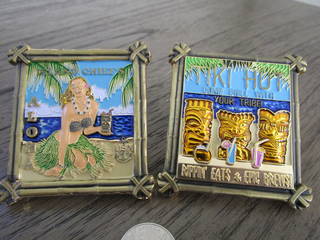 Large Island Chief Tiki Hut Hawaiian CPO USN Pin Up Girl Challenge Coin