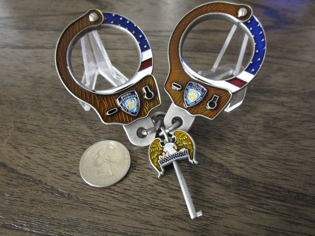 NYPD American Flag Handcuffs With Eagle Key Brown Wood Version Challenge Coin